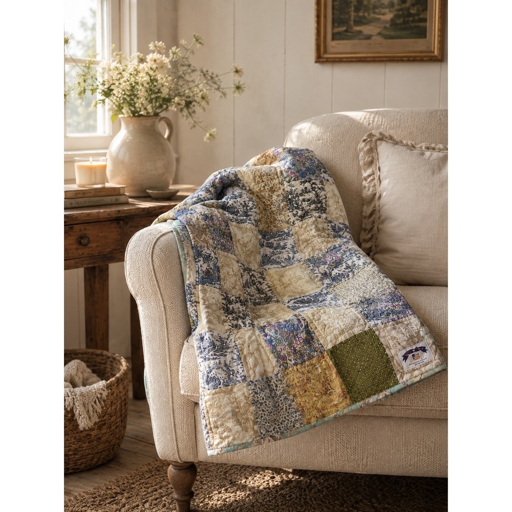 Vintage Handmade Patchwork Toile Floral Throw Quilt 70x42 Reversible
